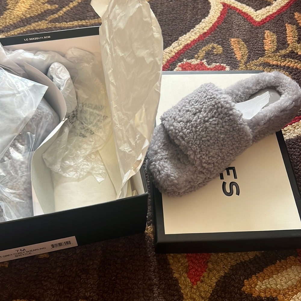 J/Slides NYC Light Grey Curly Shearling Bryce Sandals.